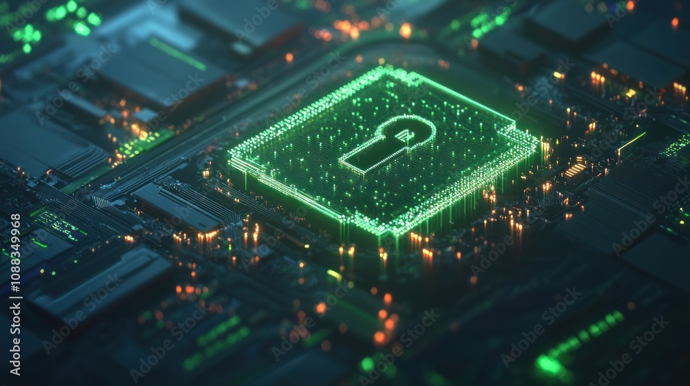 Leinwandbilder digital representation of cybersecurity with a glowing padlock symbol on a circuit board.
