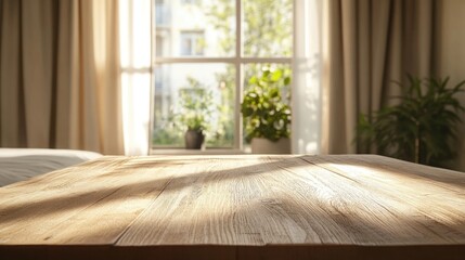 Fototapeta premium Sunlit Wooden Table in Cozy Bedroom with Natural Light Filtering Through Windows and Green Plants, Perfect for Product Displays or Promotions