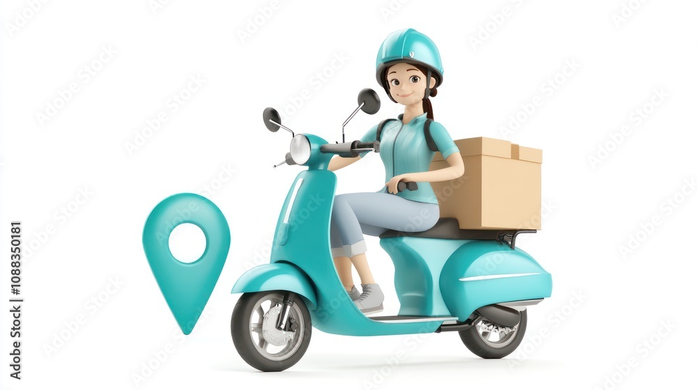 Poster a delivery person on a scooter with a package, symbolizing delivery services.
