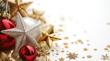 Festive Christmas banner showcasing glittering stars, red and gold ornaments, and sparkling decorations on a bright white background.