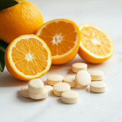 Fototapeta premium Orange slices and vitamin tablets on a white background