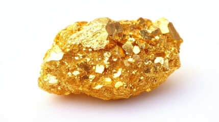 Glistening gold nugget with multifaceted surfaces reflecting light, set against a clean white background, symbolizing wealth and abundance.