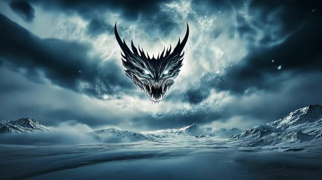 Mystical dragon head materializes through swirling aurora-lit clouds above desolate frozen landscape. Ethereal blue lighting illuminates jagged ice formations below. 