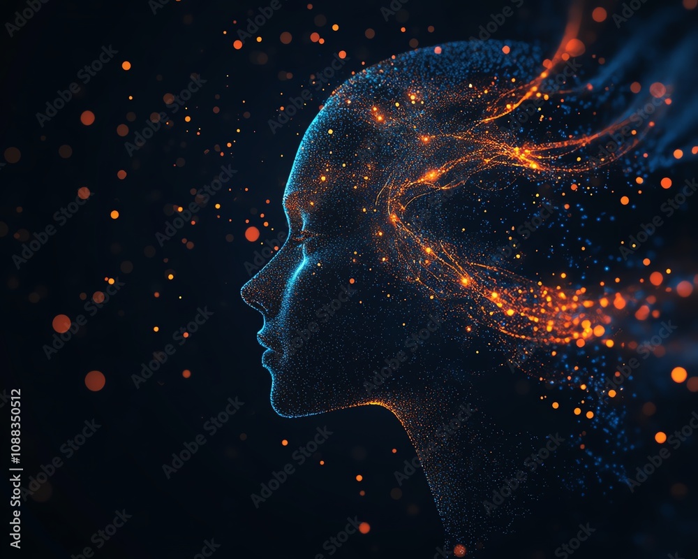 Leinwandbilder abstract digital human head with glowing particles, dark background, ai technology, neural network d