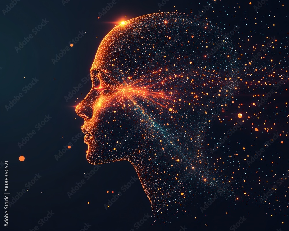 Fototapete Abstract digital human head with glowing particles, dark background, AI technology, neural network design, futuristic data flow and artificial intelligence