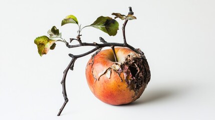 Decayed apple with visible spoilage, featuring a twisted branch and wilted leaves against a clean white background, illustrating signs of plant disease.