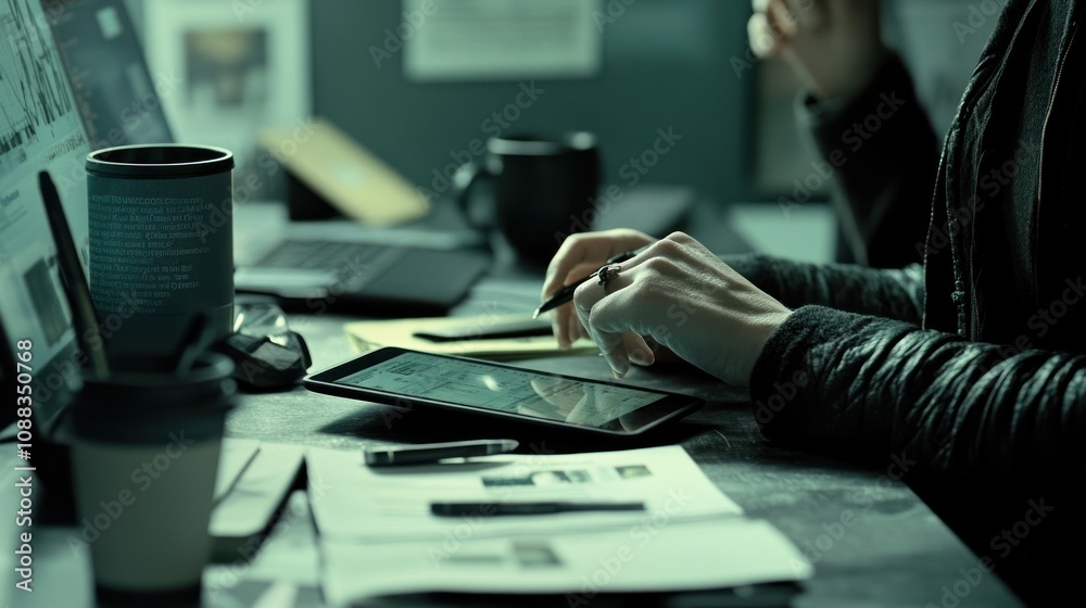 Poster a person working on a tablet at a desk surrounded by coffee cups and paperwork.
