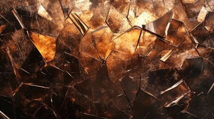Textured background of shattered glass fragments featuring a blend of golden and dark hues reflecting light for a dramatic visual effect