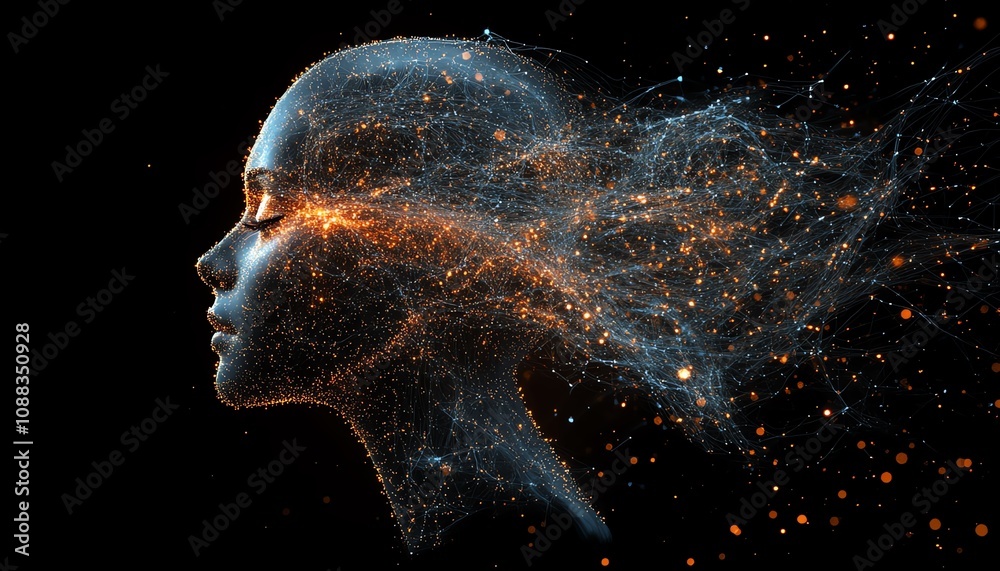 Aufkleber abstract human head made of glowing digital network connections, dark background, ai generative art 