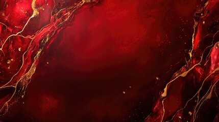 Vibrant red marble backdrop adorned with elegant gold brushstrokes and drops, perfect for showcasing designs with a dramatic flair.