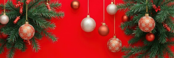 Red Christmas background with hanging bauble decorations, festive holiday concept, lights