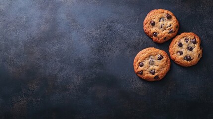 Freshly baked chocolate chip cookies arranged on a dark flat surface with a textured background and ample copy space for text or graphics.