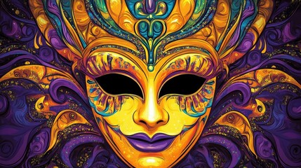 Mardi Gras mask with vibrant colors and intricate designs, featuring purple and gold details against a decorative swirling background.