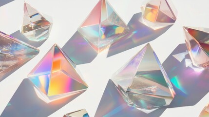 A vibrant arrangement of crystalline triangular shapes displaying playful distortions and stunning iridescence, illuminated by high key lighting against a clean white background.