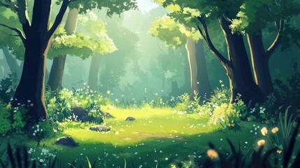 Lush green woodland scene bathed in soft sunlight, featuring vibrant foliage, blooming wildflowers, and gentle light filtering through the trees.