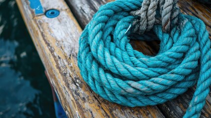 Fototapeta premium Coiled turquoise rope resting on an aged wooden surface, highlighting nautical and maritime elements with a textured backdrop.