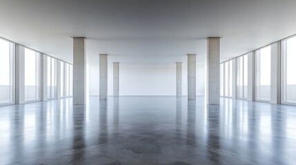 Fototapeta premium Expansive interior with polished concrete marble flooring and tall white pillars, framed by large windows, creating a bright and open atmosphere.