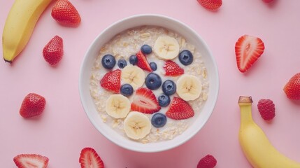 Bowl of oatmeal topped with fresh strawberries, blueberries, and banana slices, surrounded by fruit on a pink tabletop, creating a nutritious breakfast flat lay.