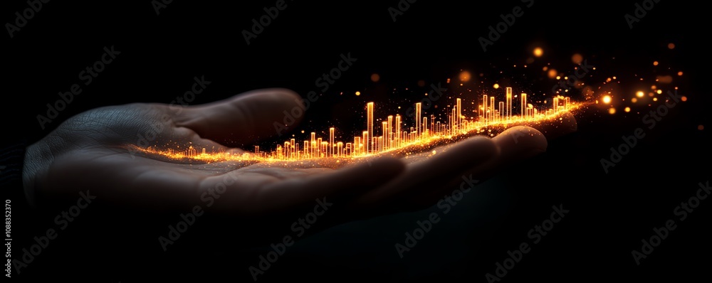 Poster closeup of hand using glowing round hologram of business graph, dark background, financial growth, a