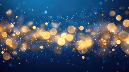 Festive soft bokeh background with shimmering golden particles against a deep blue canvas, ideal for holiday celebrations and themed designs.
