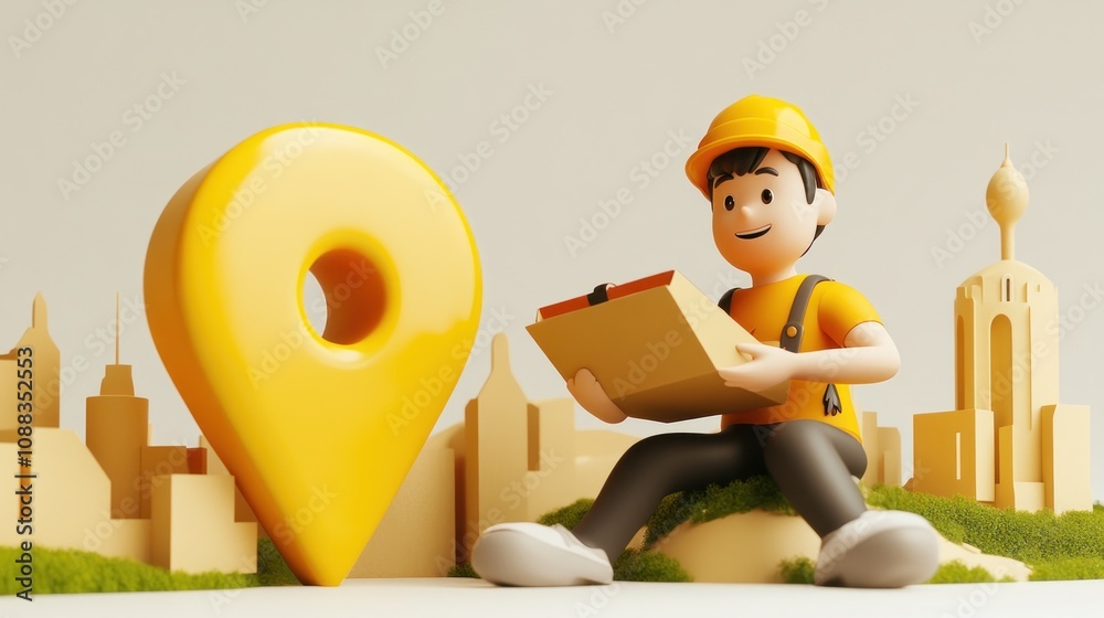 Poster a cartoon character in a hard hat holds a package near a large location pin, symbolizing delivery.