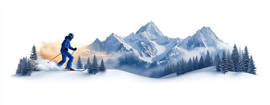 Skiers in Silhouette Against Snowy Mountain Landscape