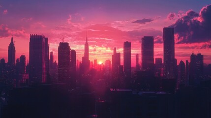Fototapeta premium Twilight Skyline Featuring Silhouetted Commercial Structures Against a Vibrant Sunset with Shades of Pink and Purple