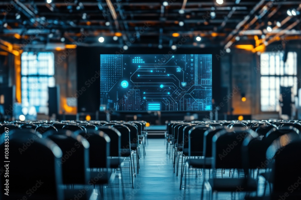 Poster a conference hall set up for a tech event with rows of chairs facing a large screen.