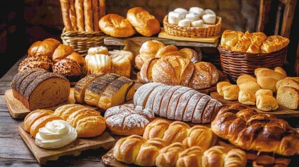 Assorted Freshly Baked Breads Displayed in a Rustic Bakery with Wooden Surfaces and Varied Textures and Shapes of Loaves and Rolls