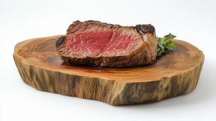Succulent medium rare steak displayed on a charming rustic wooden platter, showcasing its rich marbling and tender pink interior.