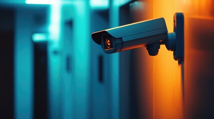 Surveillance camera mounted strategically on a wall, glowing in vibrant blue and orange light, ready to enhance security in a hallway setting.