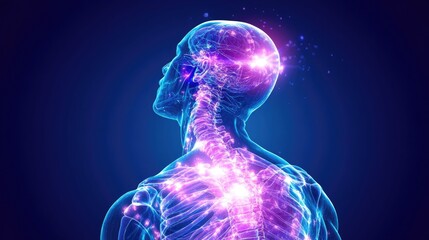 Human silhouette with glowing spinal structure, showcasing healing energy points, highlighting benefits of extracorporeal shockwave therapy for neck and back relief.