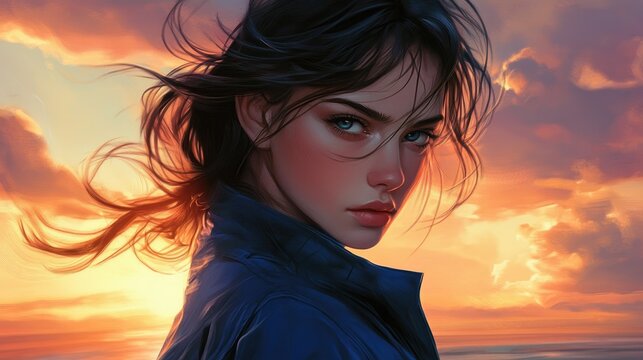 A woman with windswept hair wearing a blue jacket gazes alluringly at sunset, capturing a moment of captivating beauty against a vibrant sky.