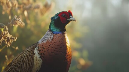 Fototapeta premium Close-Up Portrait of a Male Pheasant Bathed in Soft Natural Light Highlighting Its Intricate Feathers and Calm Expression Amidst a Serene Background