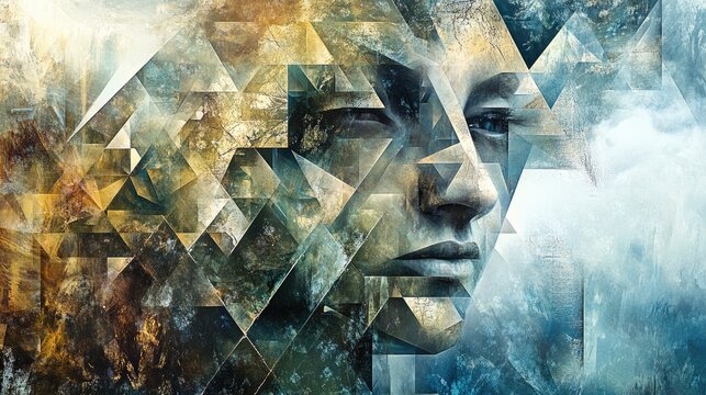 Geometric Fusion A tranquil blend of realistic facial features and digital fragmentation showcasing intricate shapes and colors.