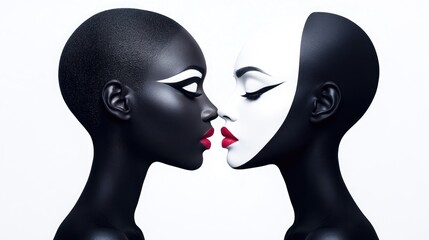 Models in profile with stark black and white makeup emphasizing dramatic contrast, featuring bold lines and vibrant red lips for visual impact.