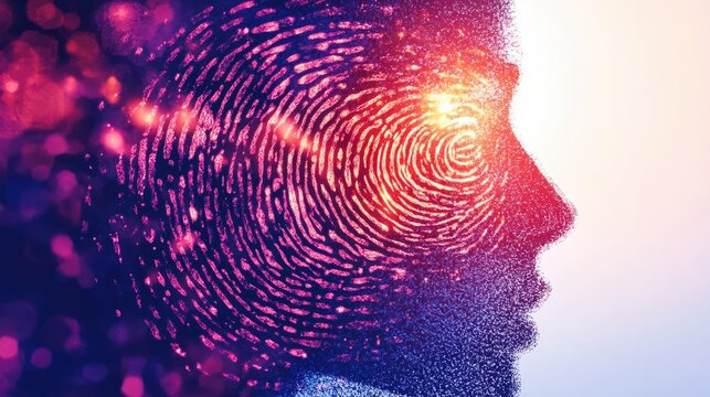 Silhouette of a human head formed by intricate fingerprint patterns emphasizing cutting-edge biometric design and vivid color interplay.