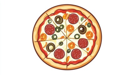 Delectable pizza adorned with vibrant toppings including tomatoes, salami, pepperoni, olives, and zesty yellow peppers, cut into perfect slices.