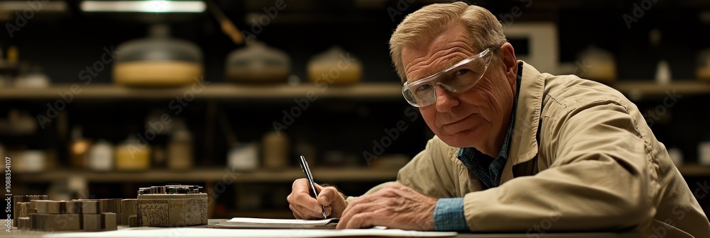 Poster an elderly man in protective gear writing notes in a workshop filled with tools and materials.