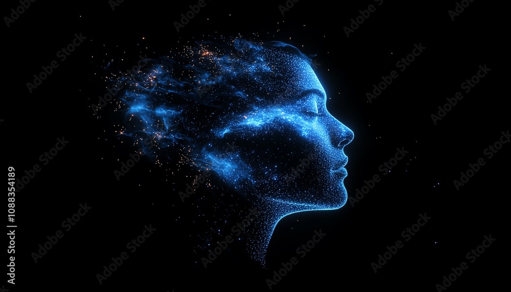 Poster digital human head formed by glowing data particles, dark background, futuristic technology, artific