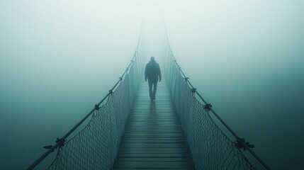 Obraz premium Solitary Figure Walking A Foggy Suspension Bridge
