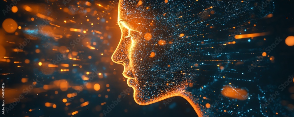 Poster Digital human head with floating glowing data particles, dark background, artificial intelligence, advanced technology theme, futuristic digital network
