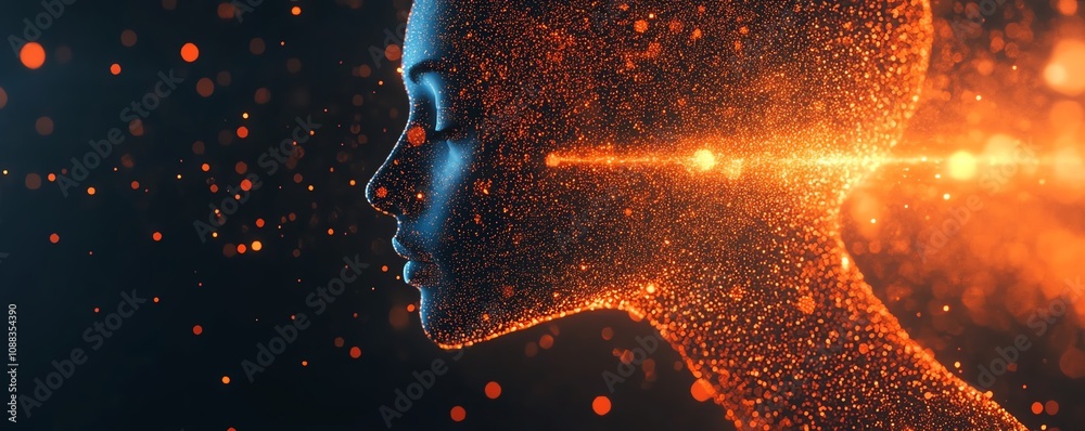Aufkleber Digital human head with floating glowing data particles, dark background, artificial intelligence, advanced technology theme, futuristic digital network