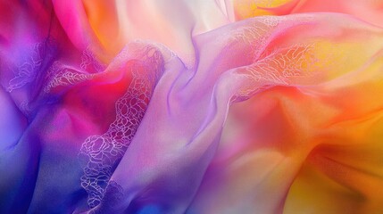 Obraz premium Elegant multicolored lace drapes beautifully over a fabric, highlighting a harmonious blend of vibrant colors and delicate whites in soft, flowing textures.