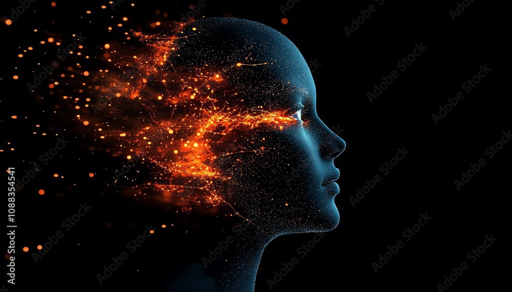 Leinwandbilder digital human head with glowing data particles, dark background, futuristic technology concept, arti