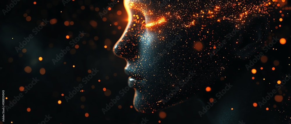 Fototapete digital human head with glowing data particles, dark background, futuristic technology concept, arti