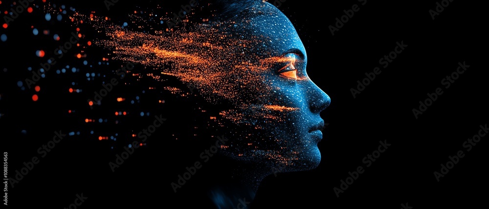 Leinwandbilder digital human head with glowing data particles, dark background, futuristic technology concept, arti