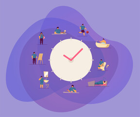 Happy boy daily routine clocks flat vector illustration. Cartoon child schedule from eating breakfast in morning to sleeping at night. Everyday life and health activity, lifestyle concept