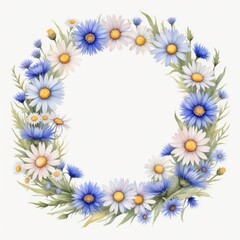 Obraz premium Soft and delicate watercolor wreath made of daisies and cornflowers, painted in pastel tones for a light, whimsical touch