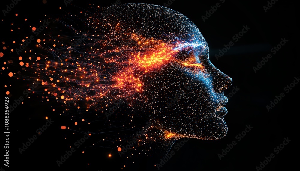 Poster futuristic abstract human head composed of glowing network connections, dark background, cybernetic,